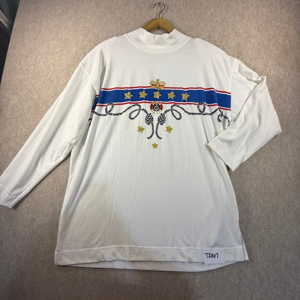VINTAGE Melbourne Classix White Nautical Anchor Star Mock Neck Long Sleeve 80's